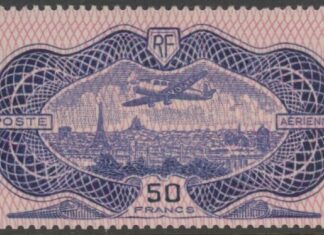 1936 France SG.541  'Air'. 50F ultramarine-rose  Caudron C-635 over Paris. LMM.