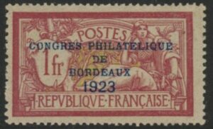 1923 France SG.400e 1f lake & yell grn. o/p 'CONGRESS PHILATELIQUE De BORDEAUX 1923' LMM