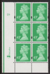 Y1718 (U406) 43p emerald 2B DLR. Cyl. D1 no dot. blue fluor U/M (MNH)