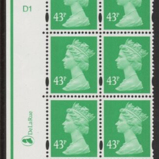 Y1718 (U406)  43p emerald  2B  DLR.  Cyl. D1 no dot. blue fluor U/M (MNH)