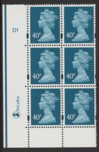Y1711 (U385) 40p turuoise blue. DLR Cyld. D1 no dot. phos D1 blue fluor. U/M (MNH)