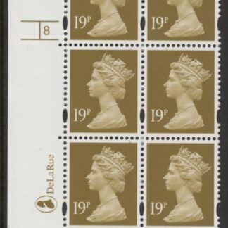 Y1682 (U263C)  19p CB bistre DLR Cyl.8 perf RE no dot phos 46 blue fluor. U/M (MNH)