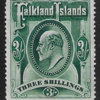 1904 Falkland Islands.  SG.49b 3/- deep green.  mounted mint.