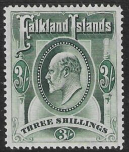 1904 Falkland Islands.  SG.49 3/- green.  mounted mint.