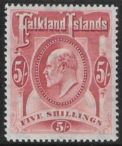 1904 Falkland Islands.  SG.50  5/- red. very lightly M/M