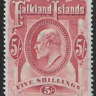1904 Falkland Islands.  SG.50  5/- red. very lightly M/M