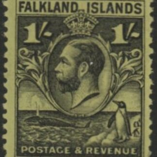 1936 Falkland Islands - SG.122a  line perf 1/- black on brt. emerald. M/M
