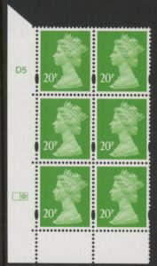 Y1687 (U277C) 20p bright green (deeper background). DLR. PVA cream. Cyld. D5 phos D1 no dot. blue fluor U/M (MNH)