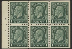 1933 Canada SG.319a 1c green booklet pane of 6 U/M (MNH)