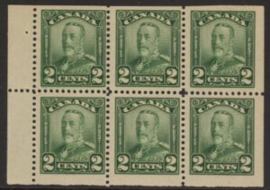 1928 Canada SG.276a 2c green booklet pane of 6 U/M (MNH)