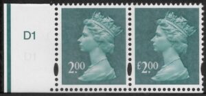 Y1747a  £2.00 2B  deep blue-green. missing '£' listed error. in pair with normal DLR U/M (MNH)
