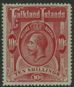 1914 Falkland Islands  SG.68  10/- red/green.  mounted mint.