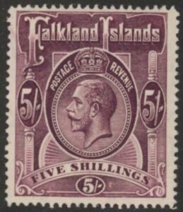 1916 Falkland Islands - SG.67b  5/-  maroon. mounted mint