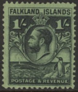 1929 Falkland Islands - SG.122  1/-  black/emerald. mounted mint.