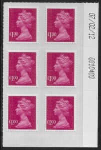 U2933 £1 magenta 2B M12L date block 07/02/12 SBP plain DLR U/M (MNH)