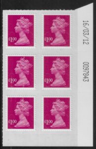 U2933 £1 magenta 2B M12L date block 16/03/12 SBP plain DLR U/M (MNH)