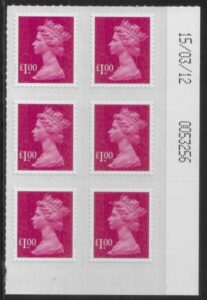 U2933 £1 magenta 2B M12L date block 15/03/12 SBP plain DLR U/M (MNH)