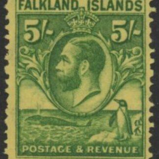 1929 Falkland Islands SG.124 5/- green/yellow. mounted mint.