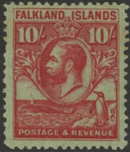 1929 Falkland Islands - SG.125 10/- carmine/emerald mounted mint