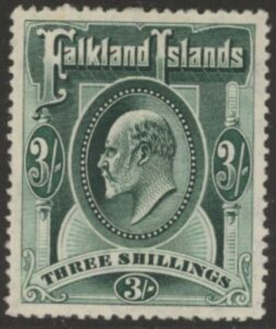 1904 Falkland Islands. SG.49 3s green. mounted mint.