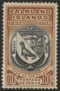 1933 Falkland Islands SG.137 10s black & chestnut KGV Centenary mounted mint.