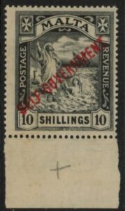 1922 Malta SG.121 10s black. Wmk. 'Multi script CA. 'SELF GOVERNMENT' overprint. U/M MNH