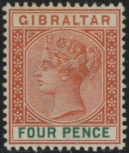 1898 Gibraltar SG.43 4d orange-brown & green. M/M