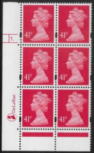 Y1714 (U392) 41p rosine 2B DLR. Cyl. 1 dot phos 47 dot. blue fluor. LFG U/M (MNH)
