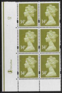 Y1697 (U343) 34p yellow olive. 2B DLR.  Cyl.D1 no dot  phos D1. blue fluor.U/M (MNH)