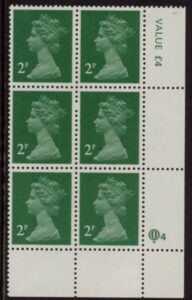 X1000 (UG4) Questa 2p TI Perf 14 emerald green. FCP Cyld. Q4 row 20 U/M (MNH)