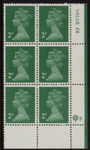 X1000 (UG4) Questa 2p TI Perf 14 emerald green. FCP Cyld. Q3 row 20 U/M (MNH)