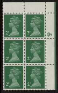 X1000 (UG4) Questa 2p TI Perf 14 emerald green. FCP Cyld. Q1 row 1 U/M (MNH)