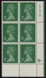 X1000 (UG4) Questa 2p TI Perf 14 emerald green. FCP Cyld. Q1 row 20 U/M (MNH)