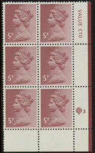 X1004 (UG17A) Questa 5p claret Perf 14 . FCP Cyld. Q3 row 20 U/M (MNH)
