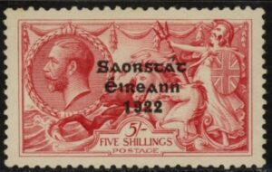 1927  Ireland KGV. SG87a  5/- rose-carmine. Circumflex accent over 'A' mounted mint.