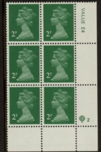 X1000 (UG4) Questa 2p TI Perf 14 emerald green. FCP Cyld. Q2 row 20 U/M (MNH)