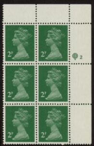 X1000 (UG4) Questa 2p TI Perf 14 emerald green. FCP Cyld. Q2 row 1 U/M (MNH)