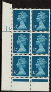 U329 (x983)  Harrison 32p greenish blue phos.(ACP)   perf RE  Cyld. 1 dot  U/M (MNH)