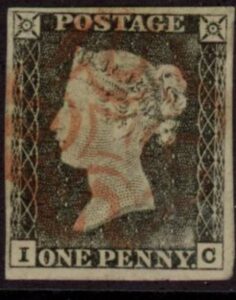 SG.2 1d grey-black 4 margins Plate 1a Letters 'IC' cancelled red MX fine used.