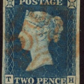SG.5 2d  blue 4 margins Letters 'TH' cancelled red MX fine used.