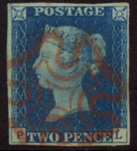 SG.5 2d  blue 4 margins Letters 'PL' cancelled red MX fine used.