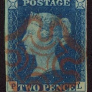 SG.5 2d  blue 4 margins Letters 'PL' cancelled red MX fine used.