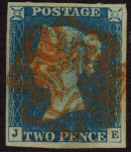 SG.5 2d  blue 4 margins Letters 'JE' cancelled red MX fine used.