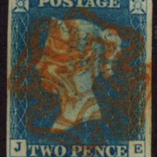 SG.5 2d  blue 4 margins Letters 'JE' cancelled red MX fine used.