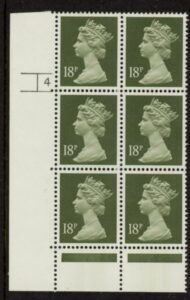 U256 (x955)  Harrison 18p dp. olive-grey (ACP) PVAD. cyld.4 no dot U/M (MNH)