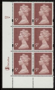 Y1670 (U140F)  5p dull red-brown  2B  DLR Cyl. D1 dot blue fluor PVA (bluish).U/M (MNH)