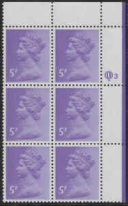 X1003 (UG15) Questa 5p light violet Perf 14 . FCP PVAD Cyld. Q3 row 1 U/M (MNH)