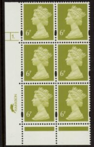 Y1671 (U147C) 6p yellow olive 2B Harrison Cyl.1 dot phos 45 Perf RE blue fluor PVA (bluish).U/M (MNH)