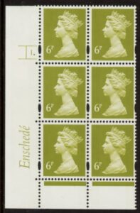 Y1671 (U147B) 6p yellow olive 2B Enschedé Cyl.1 dot Perf RE blue fluor PVA (bluish).U/M (MNH)