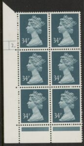 U341 (x986)  Harrison 34p deep bluish-grey phos.(ACP)   perf RE  Cyld. 2 dot  U/M (MNH)